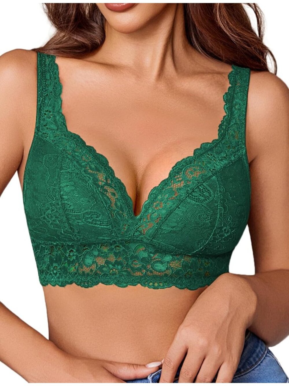 🆕Women's Green Lace Braclettes V Neck Wireless Bras Unlined Basic Comfy